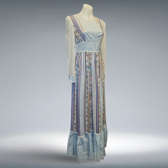 Vintage Smart Move 70s Blue PrairieDress Cotton Blend Sz 4 Bohemian Cottagecore - Picture 7 of 12